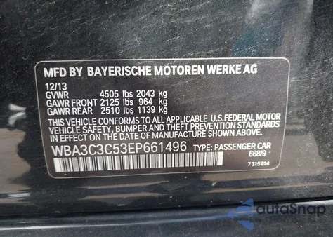 2014 BMW 320 I xDrive из США, поврежденный, VIN WBA3C3C53EP661496